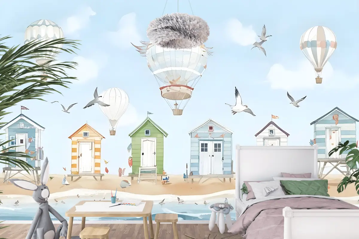 Sıcak Hava Balonlu Suluboya Çocuk Plaj Evi