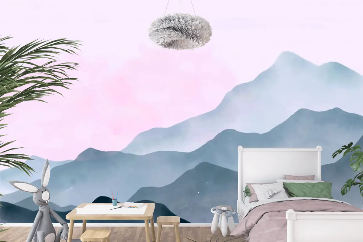 Pembe Gökyüzü Çocuk Odası Duvar Kağıdı  Ile Suluboya Dağlar Arka Plan