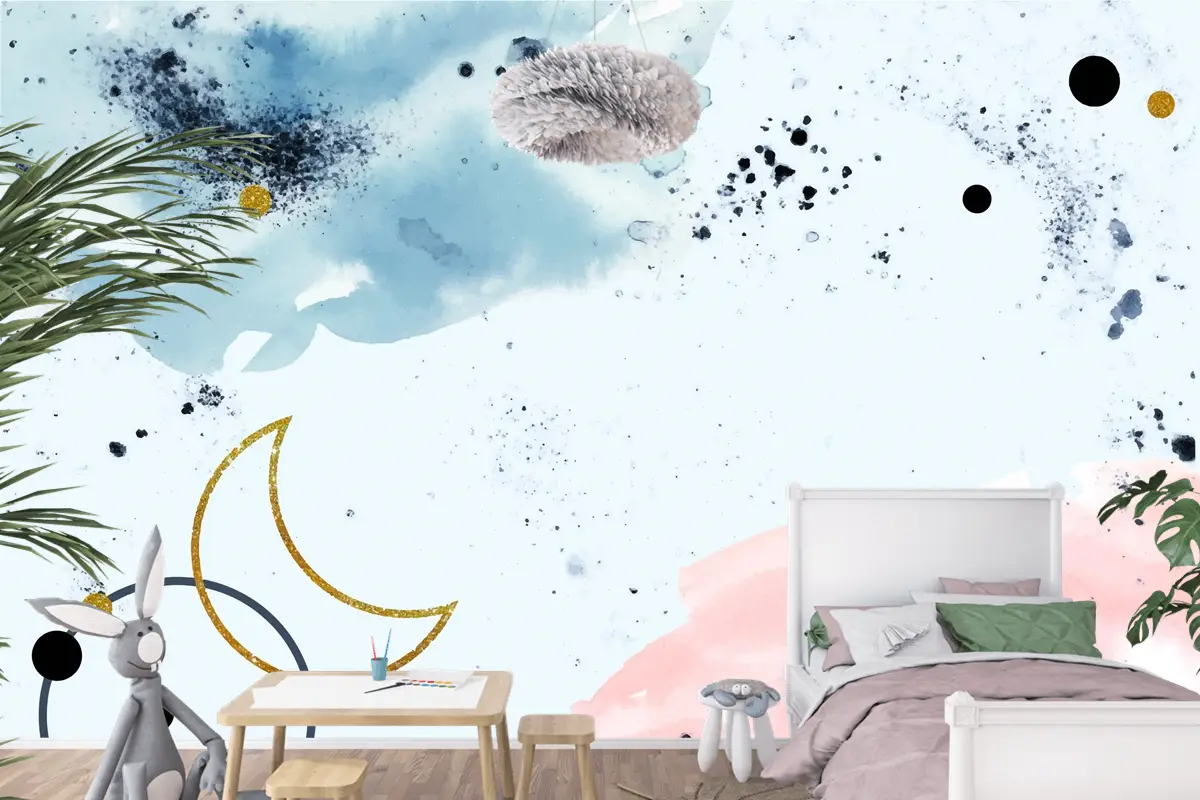 Altın Elementli Suluboya Boyalı Arka Plan Çocuk Odası Duvar Kağıdı