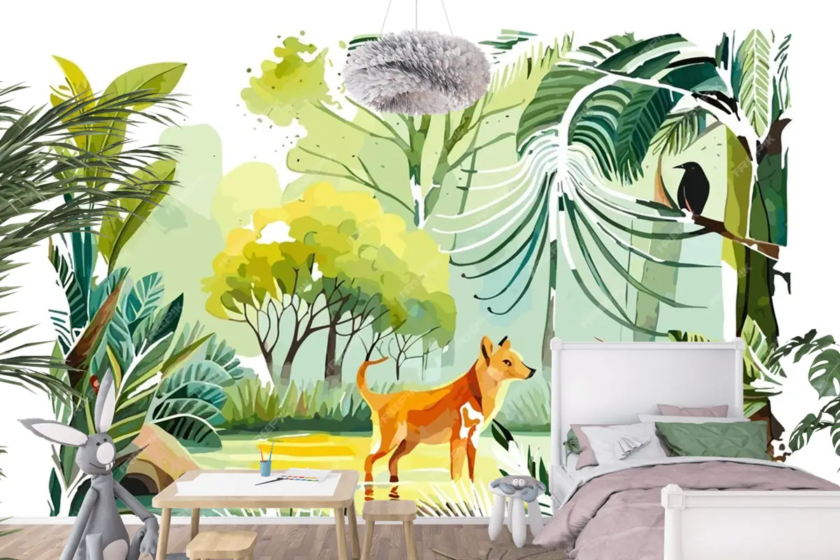 Ormanda Bir Köpek Ve Bir Kuşun Suluboya Resim Çocuk Odası Duvar Kağıdı