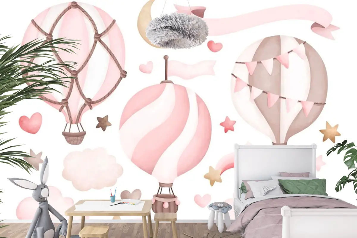 Suluboya Pembe Sıcak Hava Balonu Çocuk Odası Duvar Kağıdı 