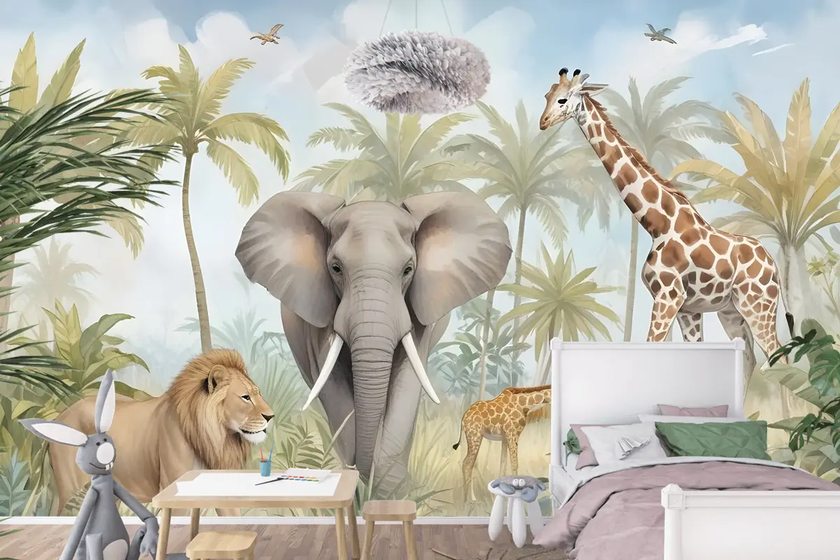 Ormandaki Suluboya Safari Hayvanları Çocuk Odası Duvar Kağıdı 