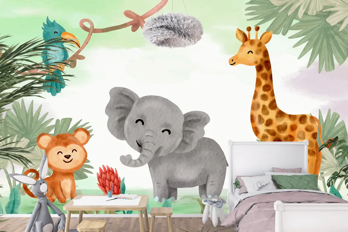 Suluboya Safari Arka Plan Çocuk Odası Duvar Kağıdı 