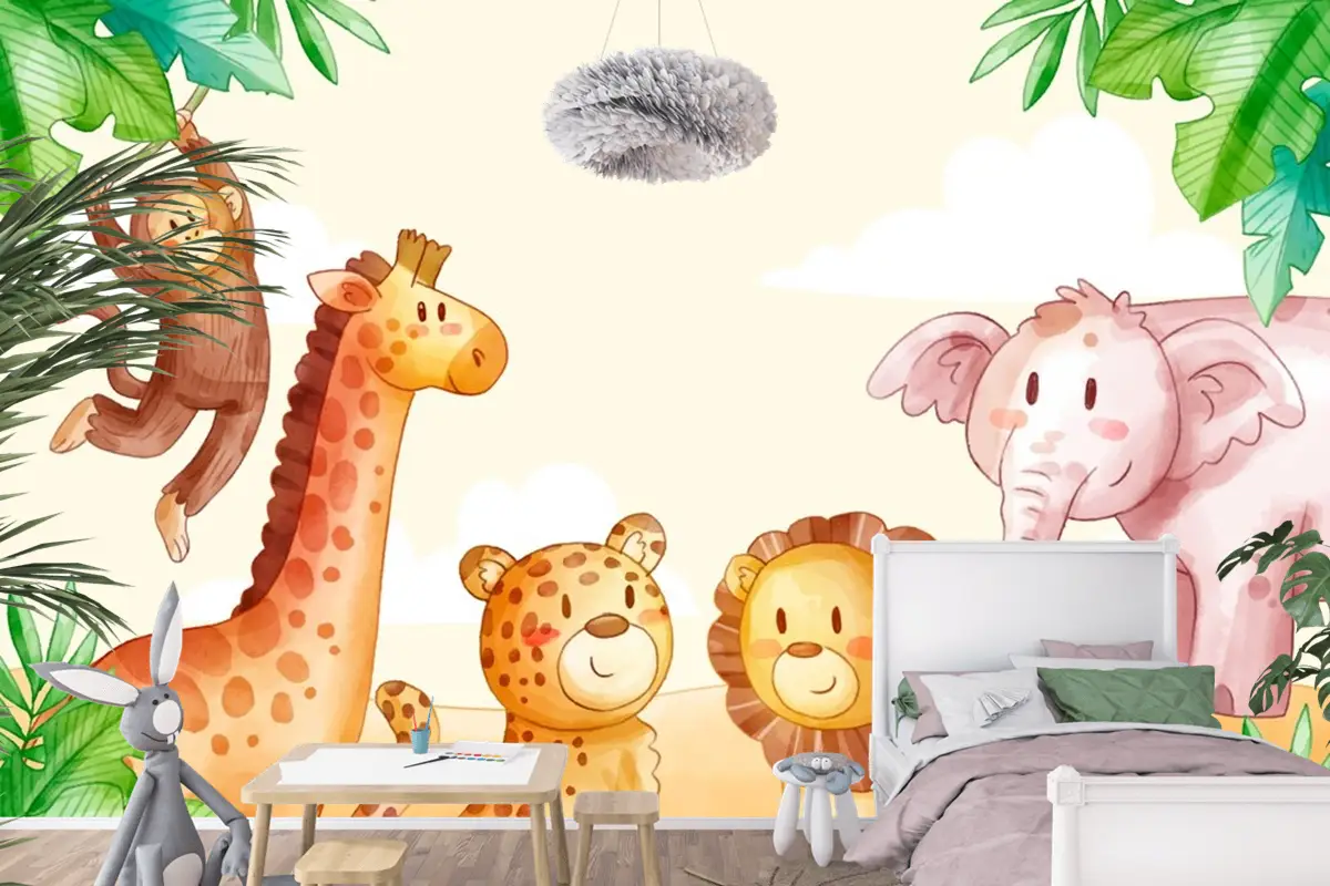Suluboya Safari Arka Plan Çocuk Odası Duvar Kağıdı 