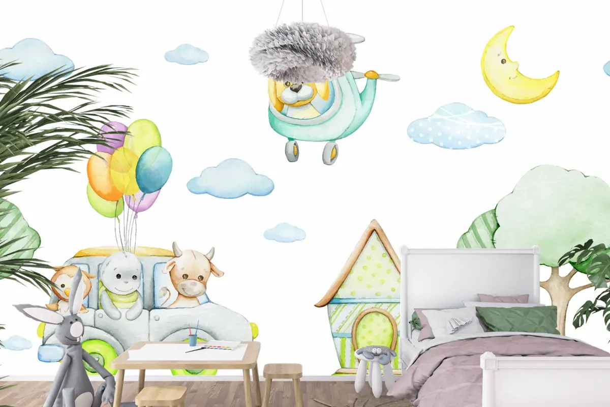 Karikatür Tarzı Tropikal Hayvanlar Araba Helikopter Ay Çocuk Odası Duvar Kağıdı Nde Suluboya Dikişsiz Desen