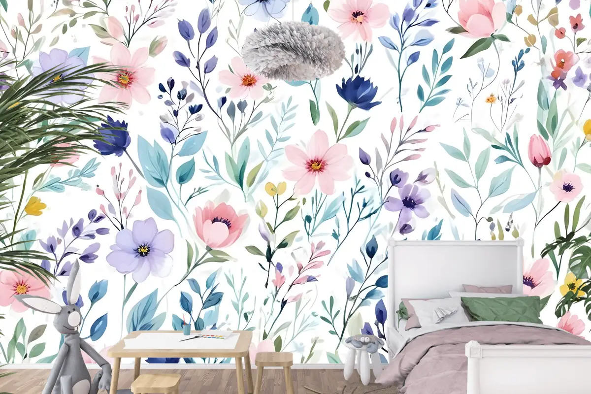 Suluboya Bahar Çiçek Çocuk Odası Duvar Kağıdı 