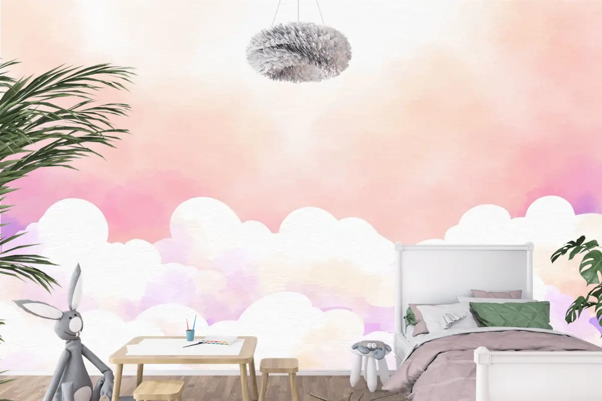 Suluboya Şeker Pamuk Bulutlar Arka Plan Çocuk Odası Duvar Kağıdı