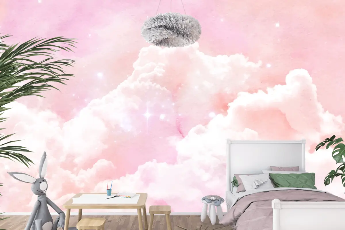 Suluboya Şeker Pamuk Bulutlar Arka Plan Çocuk Odası Duvar Kağıdı 