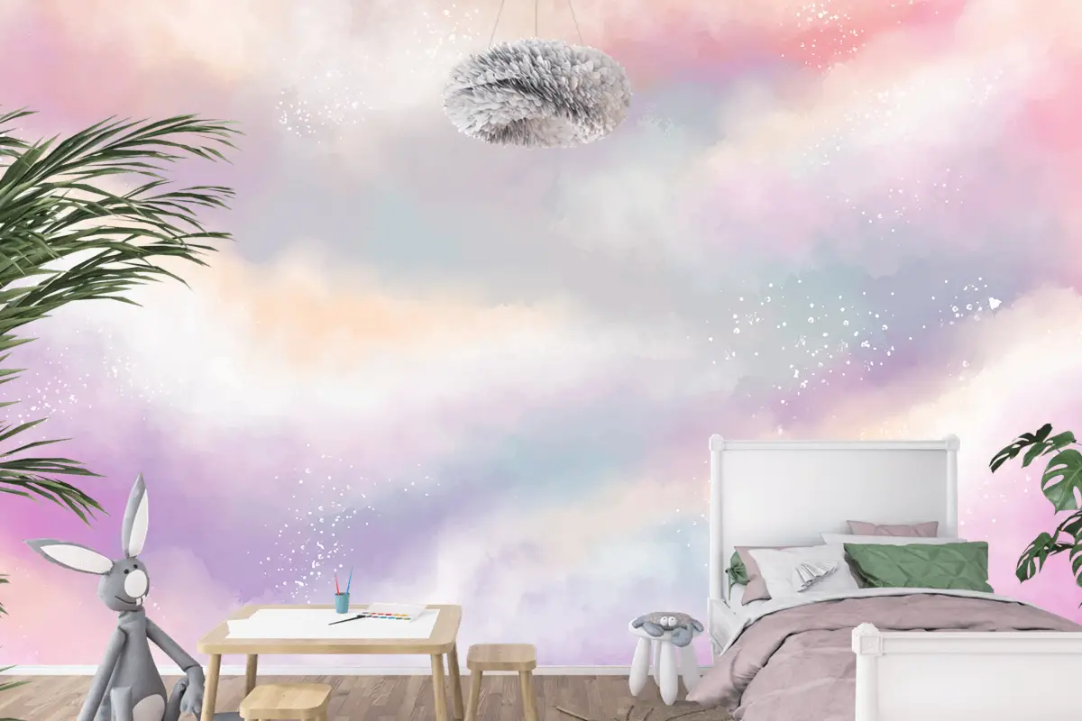 Suluboya Şeker Pamuk Bulutlar Çocuk Odası Duvar Kağıdı
