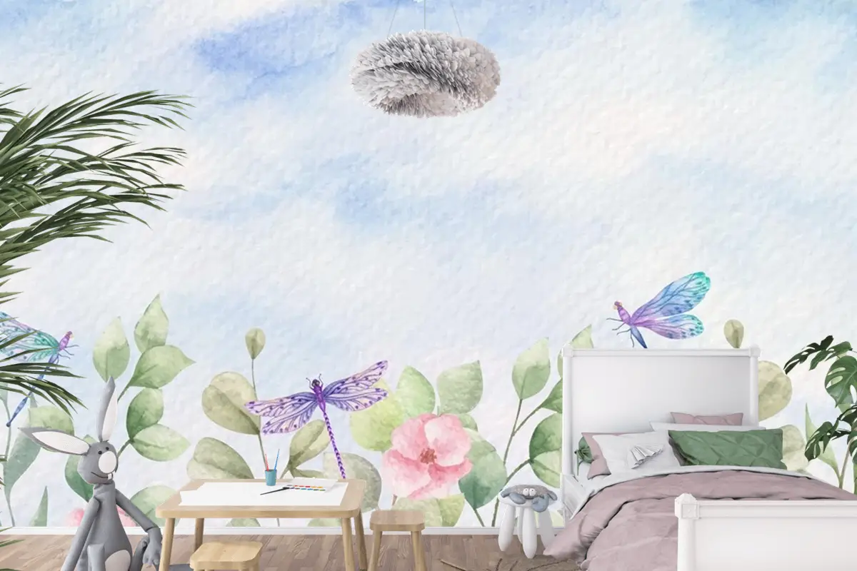 Suluboya Yabani Yapraklar Yusufçuk Çocuk Odası Duvar Kağıdı Ile Manzara Arka Plan