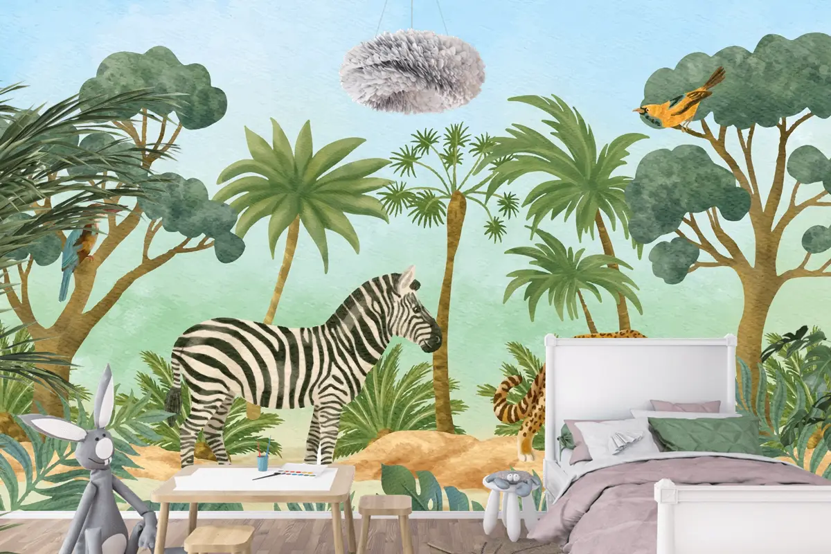 Suluboya Yaban Hayatı Arka Plan Çocuk Çocuk Odası Duvar Kağıdı 