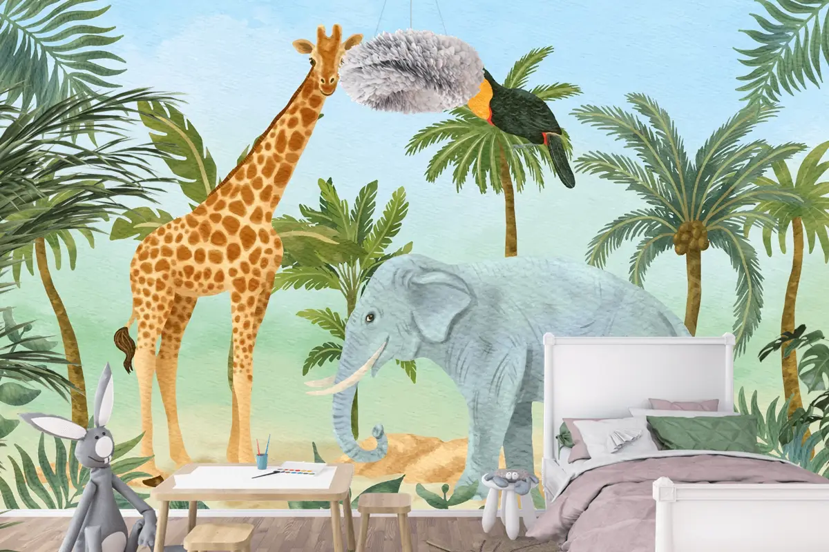 Suluboya Yaban Hayatı Arka Plan Çocuk Boys Çocuk Odası Duvar Kağıdı