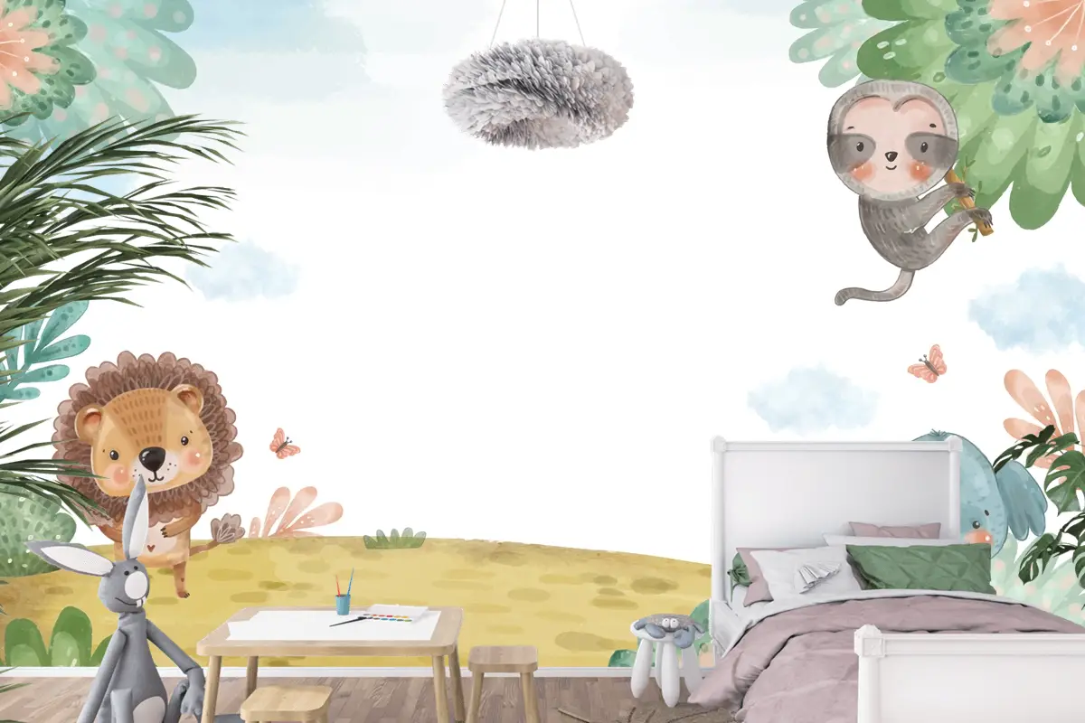 Suluboya Yaban Hayatı Arka Plan Çocuk Odası Duvar Kağıdı 