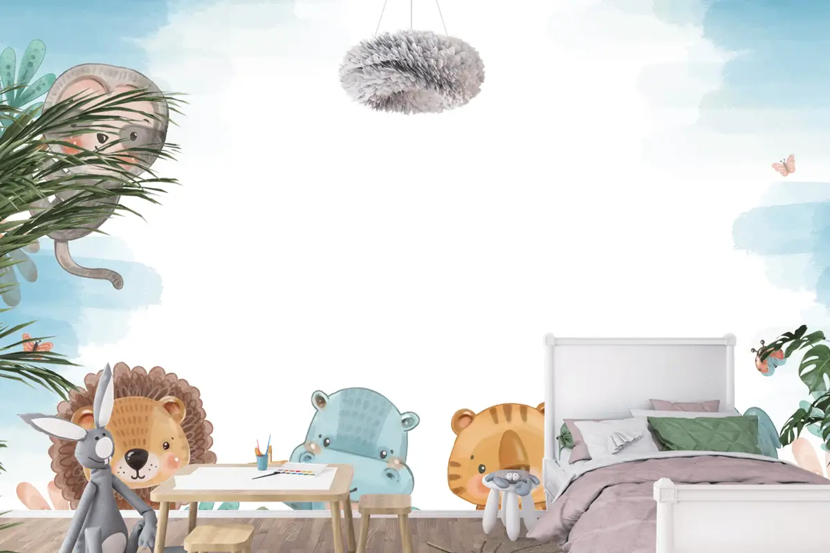 Suluboya Yaban Hayatı Arka Plan Çocuk Odası Duvar Kağıdı 