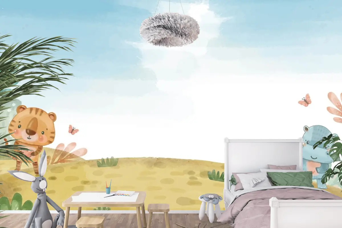 Suluboya Yaban Hayatı Arka Plan Çocuk Odası Duvar Kağıdı 