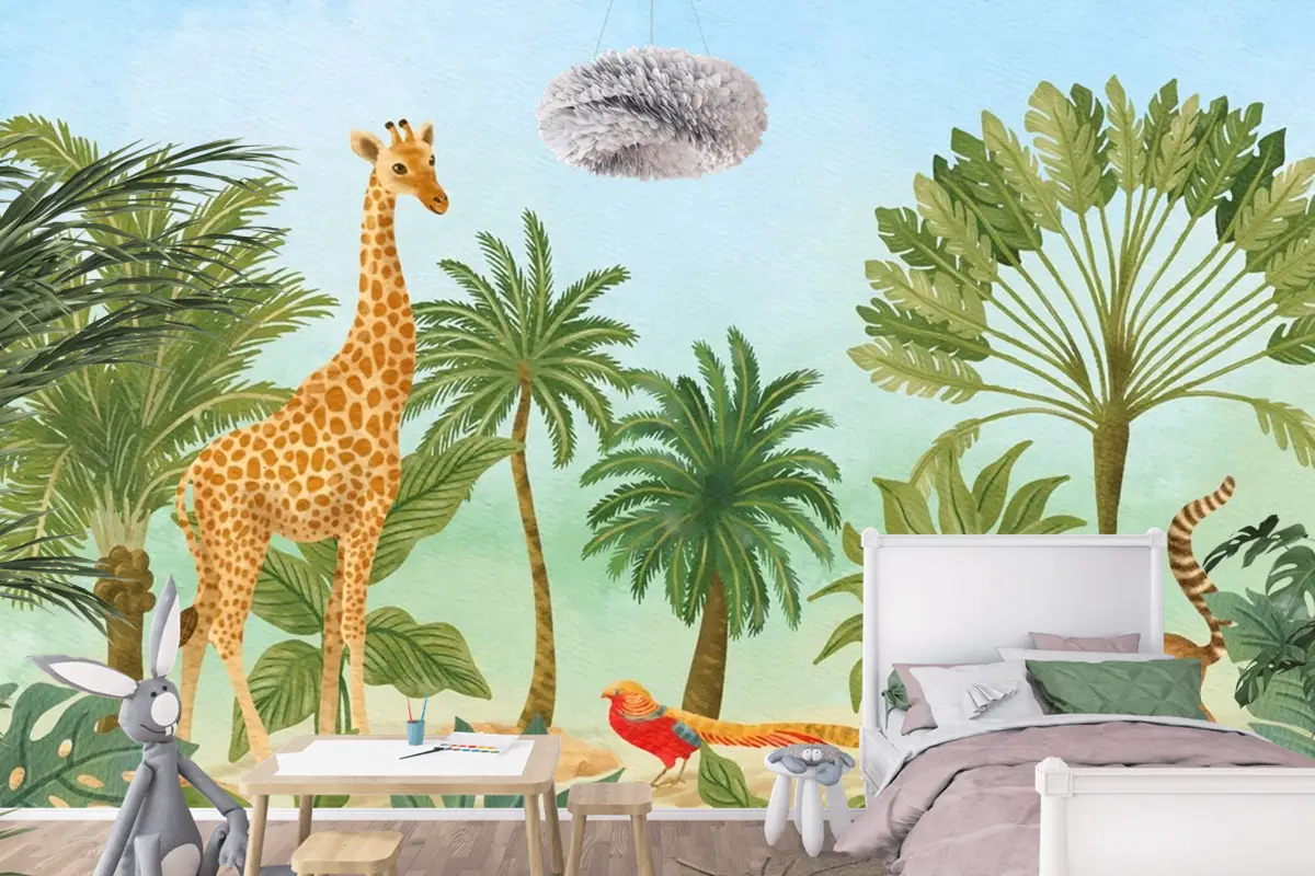 Suluboya Yaban Hayatı Arka Plan Çocuk Odası Duvar Kağıdı 
