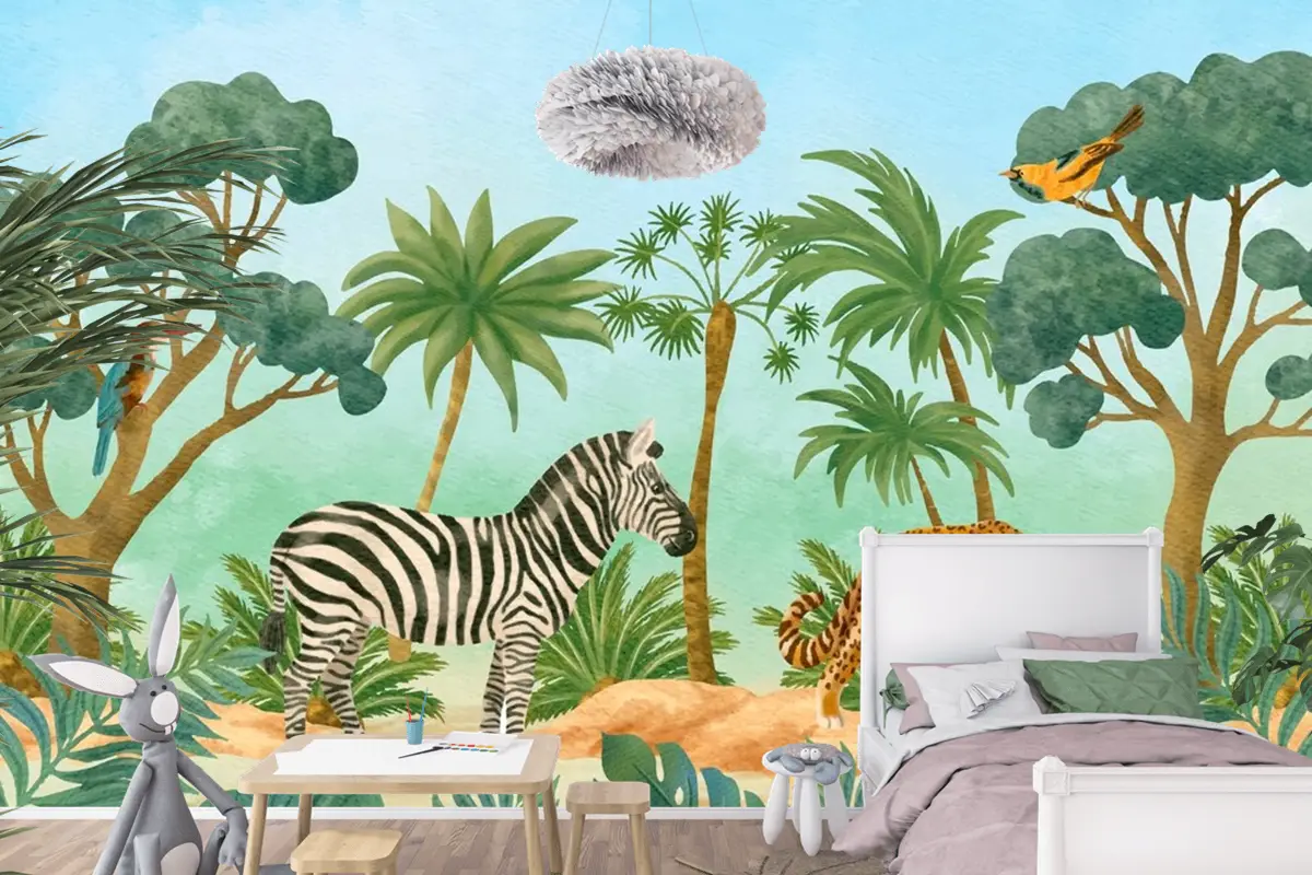 Suluboya Yaban Hayatı Arka Plan Çocuk Odası Duvar Kağıdı 