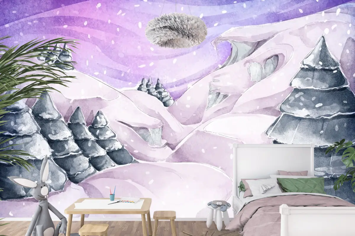 Çam Ağaçları Ile Suluboya Kış Manzarası Çocuk Odası Duvar Kağıdı