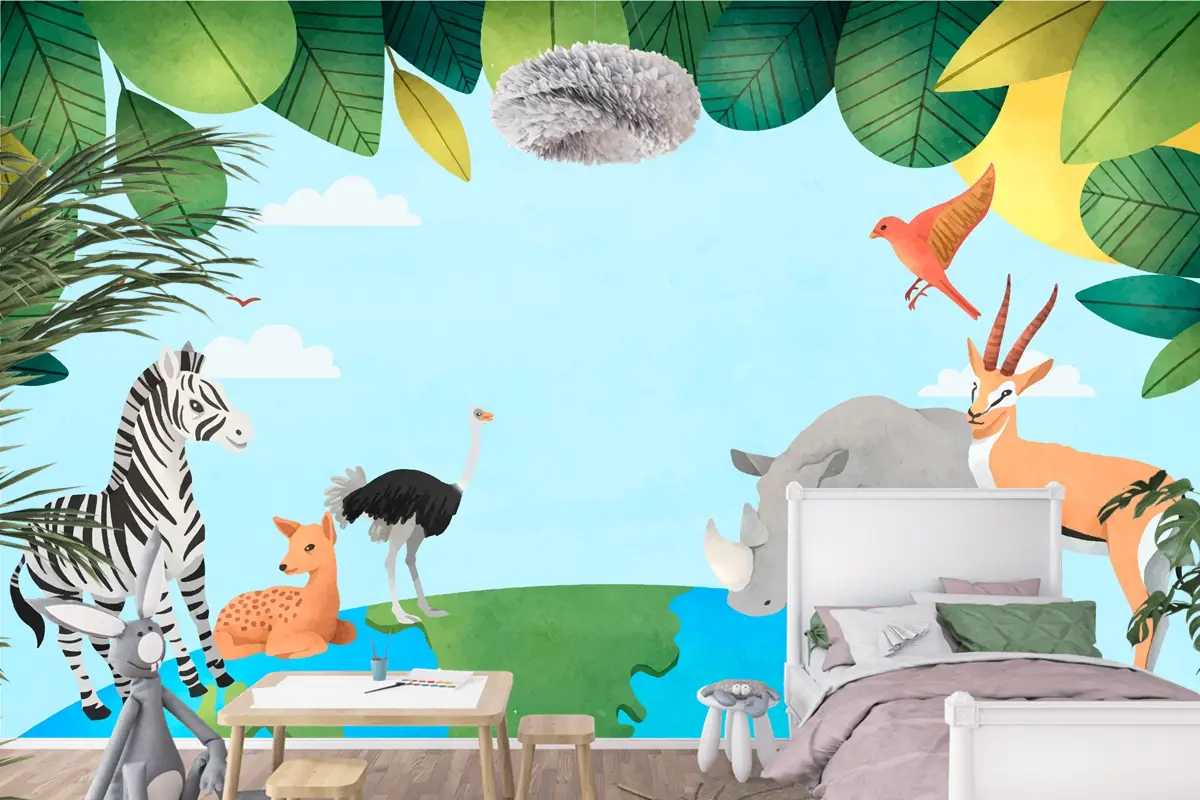 Suluboya Dünya Hayvan Günü Arka Plan Çocuk Odası Duvar Kağıdı 