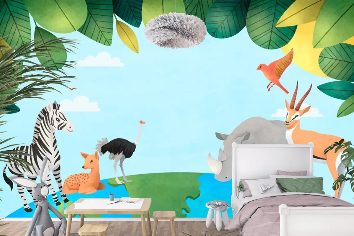Suluboya Dünya Hayvan Günü Arka Plan Çocuk Odası Duvar Kağıdı 
