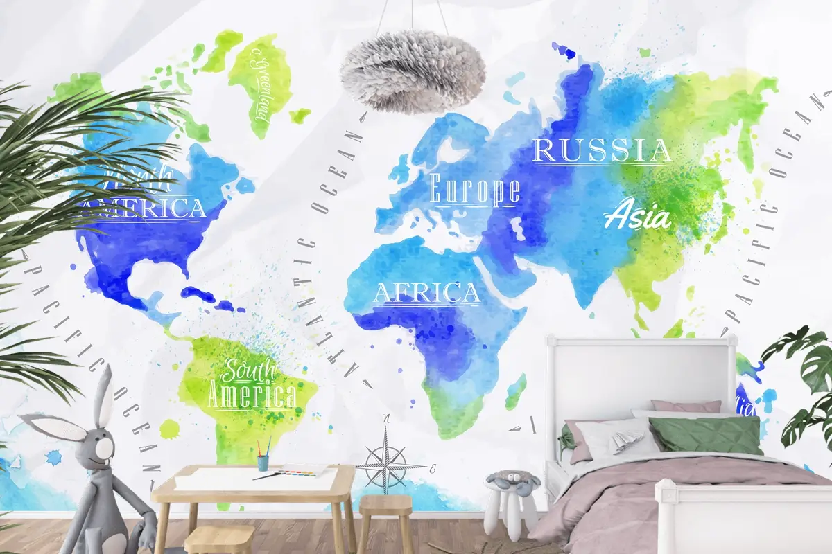 Suluboya Dünya Haritası Çocuk Odası Duvar Kağıdı 