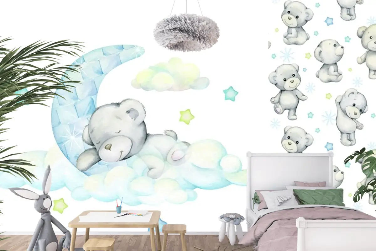 Beyaz Ayı Ay'da ve Bulutlarda Uyur Çocuk Odası Duvar Kağıdı