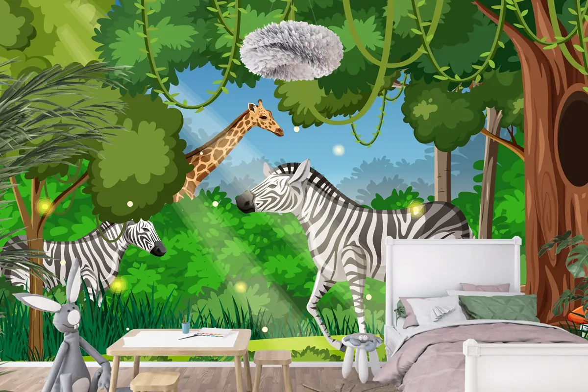 Ormandaki Vahşi Hayvanlar Manzara Çocuk Odası Duvar Kağıdı 