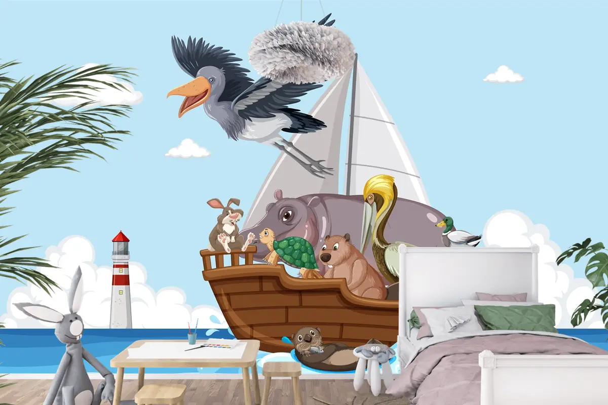 Bir Teknede Vahşi Hayvanlar Çocuk Odası Duvar Kağıdı