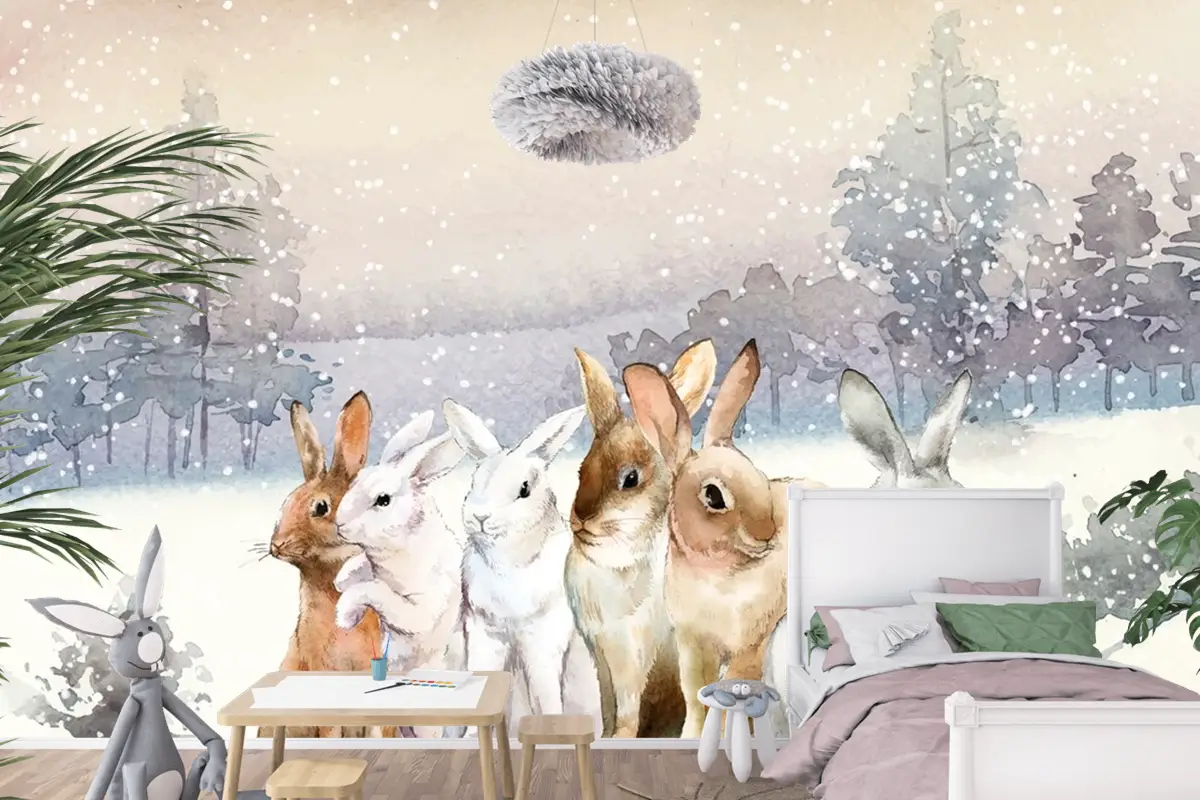 Kışın Karda Vahşi Tavşanlar Suluboya Çocuk Odası Duvar Kağıdı  Ile Boyanmış