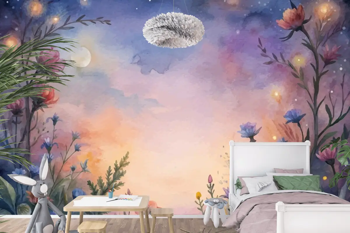 Gün Batımında Kır Çiçeği Suluboya Arka Plan Çocuk Odası Duvar Kağıdı