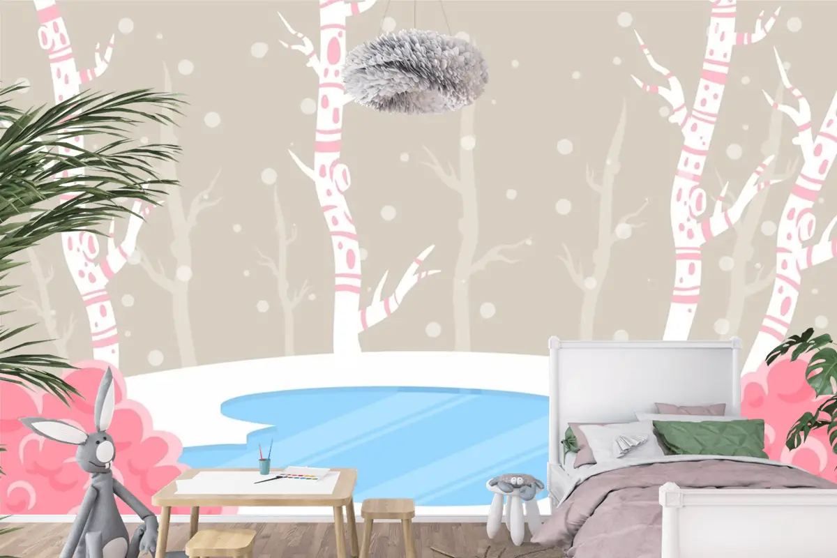 El Çizimi Çocuk Odası Duvar Kağıdı Duvarında Kış Konsepti
