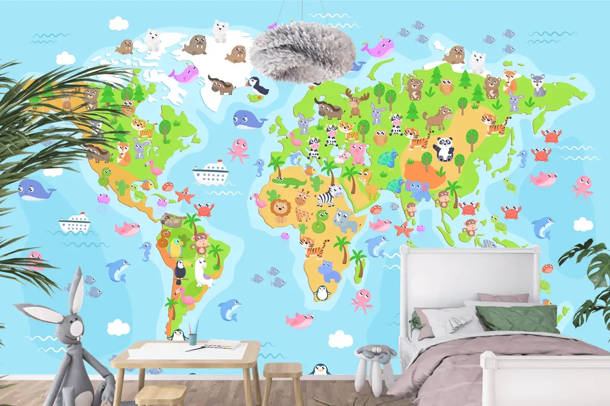 Çocuklar Için Hayvanlarla Dünya Haritası Çocuk Odası Duvar Kağıdı