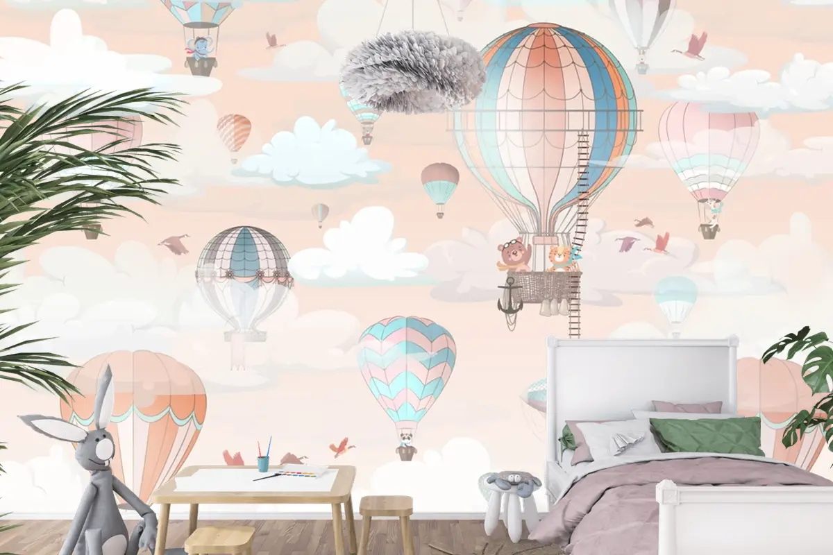 Yumuşak Pembe Sıcak Hava Balonları Bebek Odası Duvar Kağıdı Yumuşak Pembe Sıcak Hava Balonları Bebek Odası Duvar Kağıdı