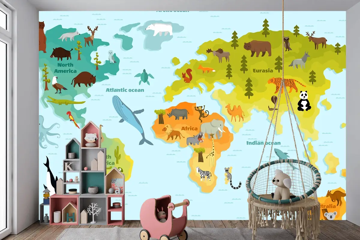 Kıtalar Çocuk Odası Duvar Kağıdı  Olan Çocuklar İçin Komik Karikatür Hayvan Dünya Haritası