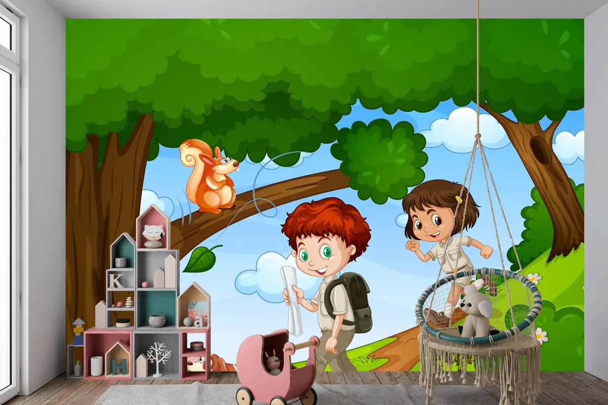 Erkek Ve Kız Sevimli Hayvan Sahnesi Çocuk Odası Duvar Kağıdı Yle Parkta Keyfini Çıkarıyor