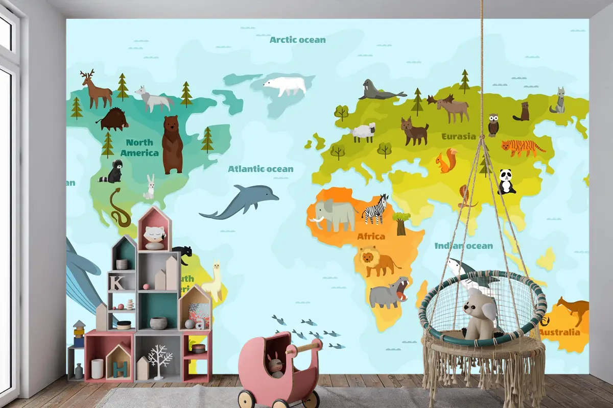 Farklı Hayvan Çocuk Odası Duvar Kağıdı  Ile Dünya Haritası