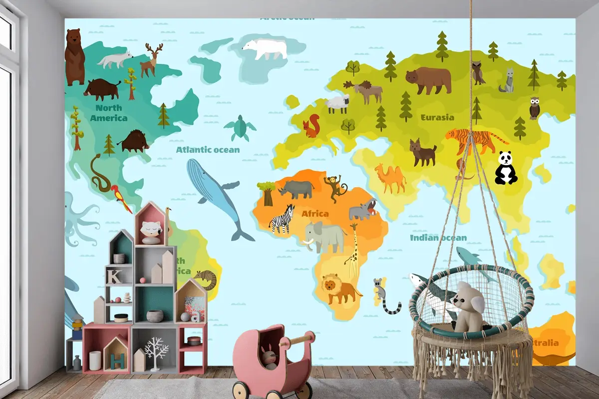 Farklı Hayvan Çocuk Odası Duvar Kağıdı  Ile Dünya Haritası
