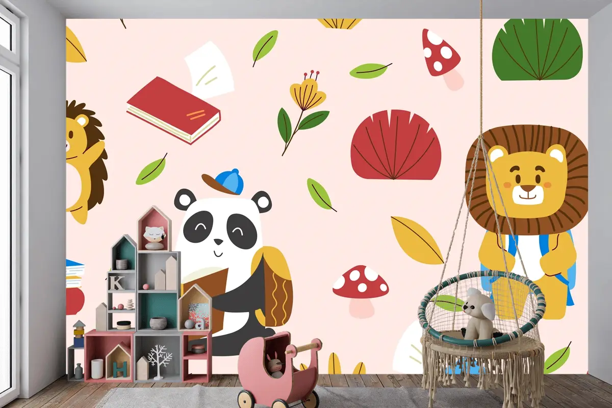 Elle Çizilmiş Çocuksu Hayvanlar Desen Çocuk Odası Duvar Kağıdı 