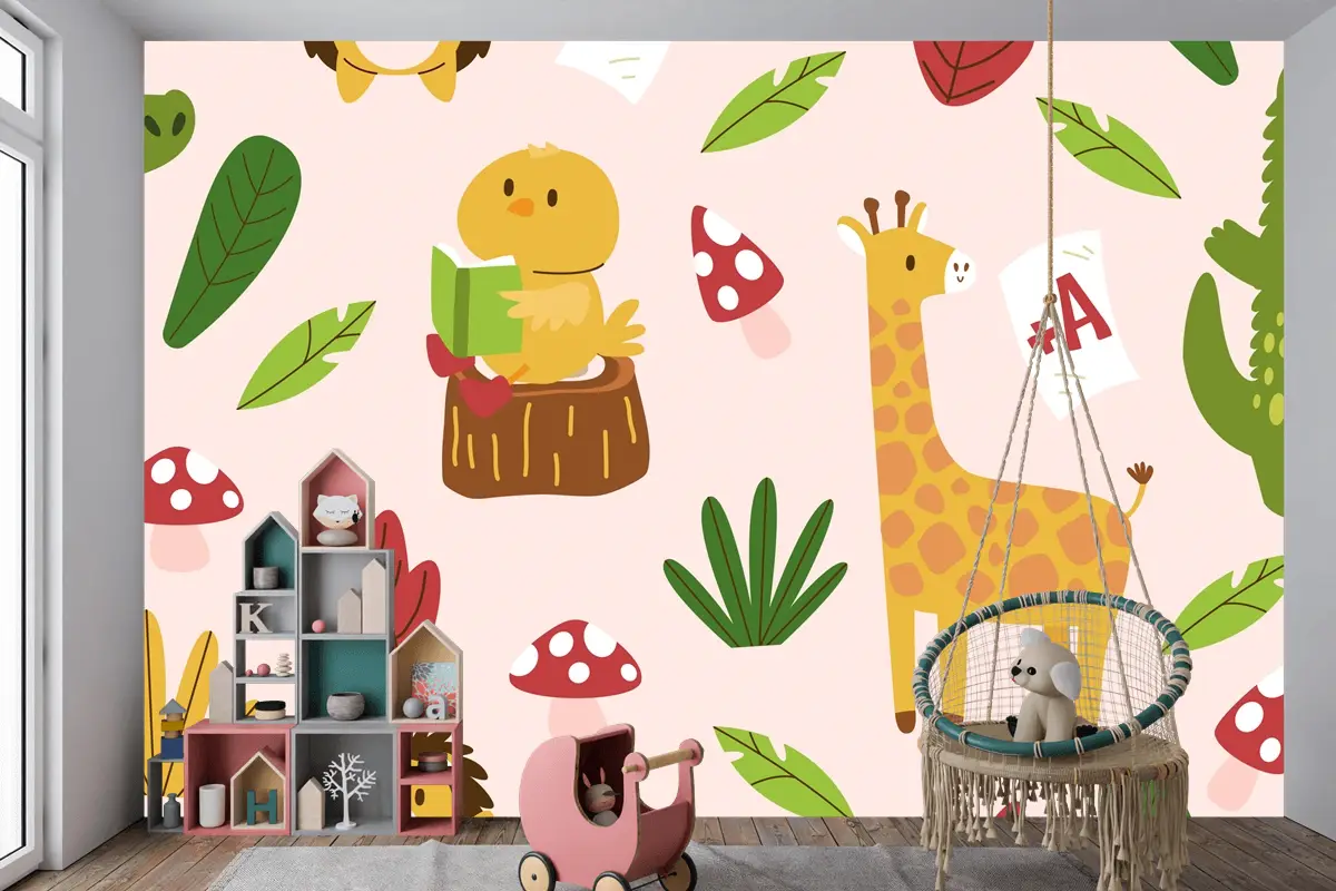 Elle Çizilmiş Çocuksu Hayvanlar Desen Çocuk Odası Duvar Kağıdı 