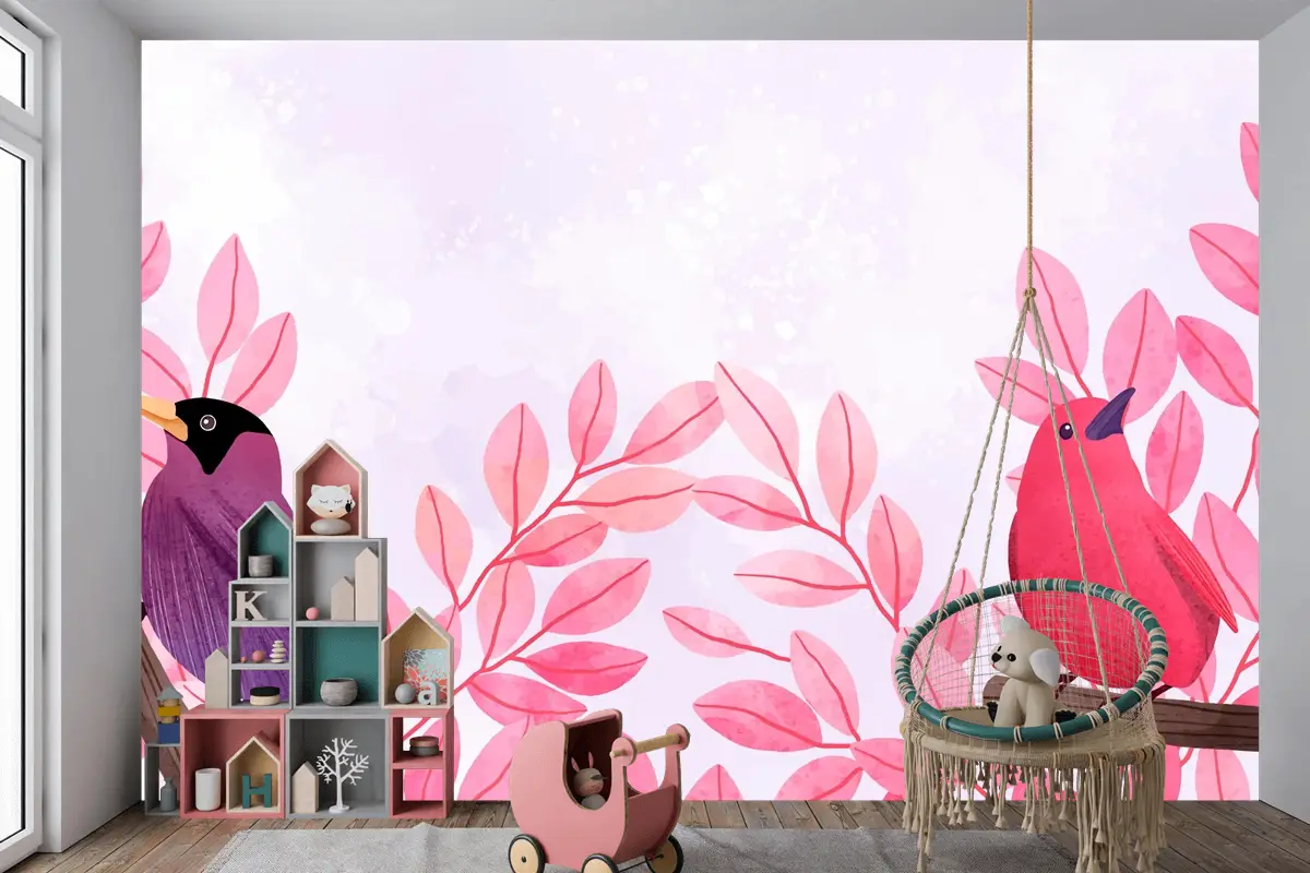Dallarda Oturan Kuşların Güzel Suluboya Çocuk Odası Duvar Kağıdı