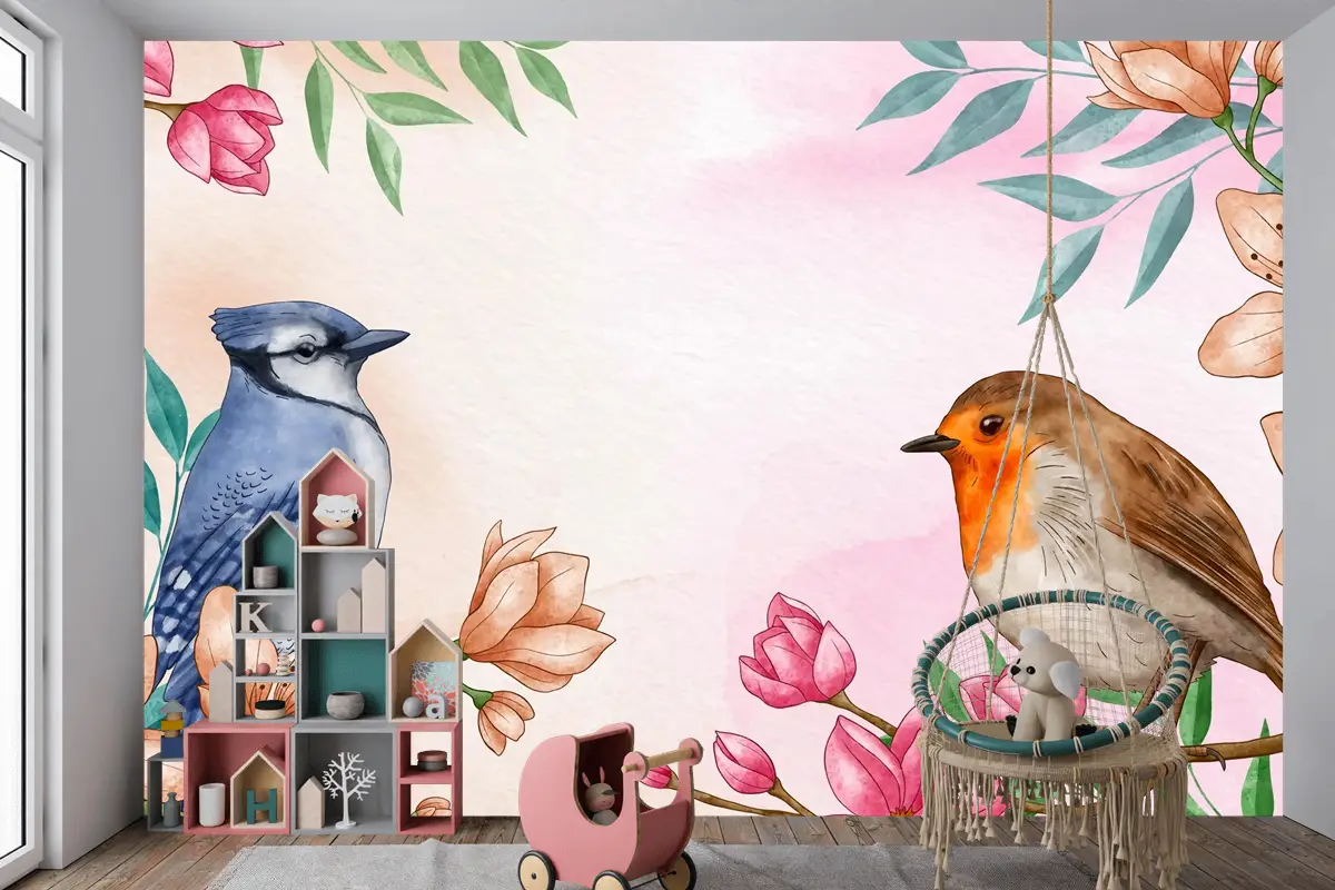 El Boyalı Suluboya Çiçek Kuşlar Arka Plan Çocuk Odası Duvar Kağıdı 