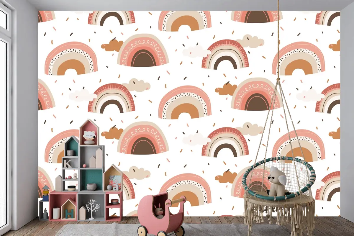 Elle Çizilmiş Gökkuşağı Desen Tasarımı Çocuk Odası Duvar Kağıdı