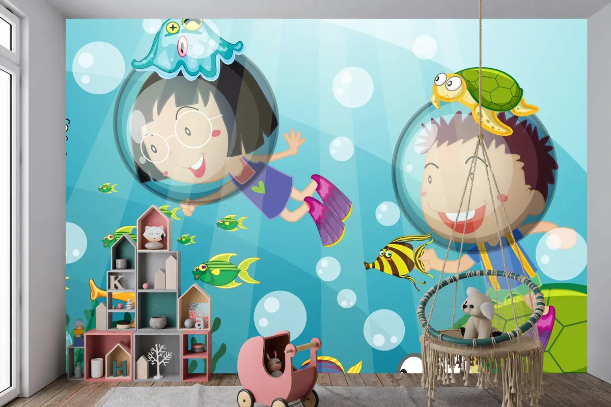 Mutlu Çocuklarla Sualtı Sahnesi Tüplü Dalış Çocuk Odası Duvar Kağıdı