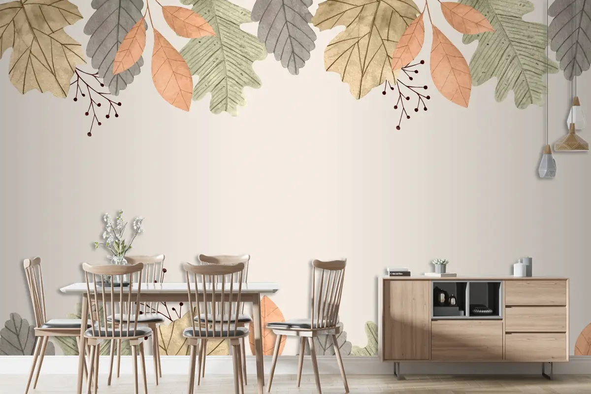 Suluboya Sonbahar Yaprakları Arka Plan Yemek Odası Duvar Kağıdı