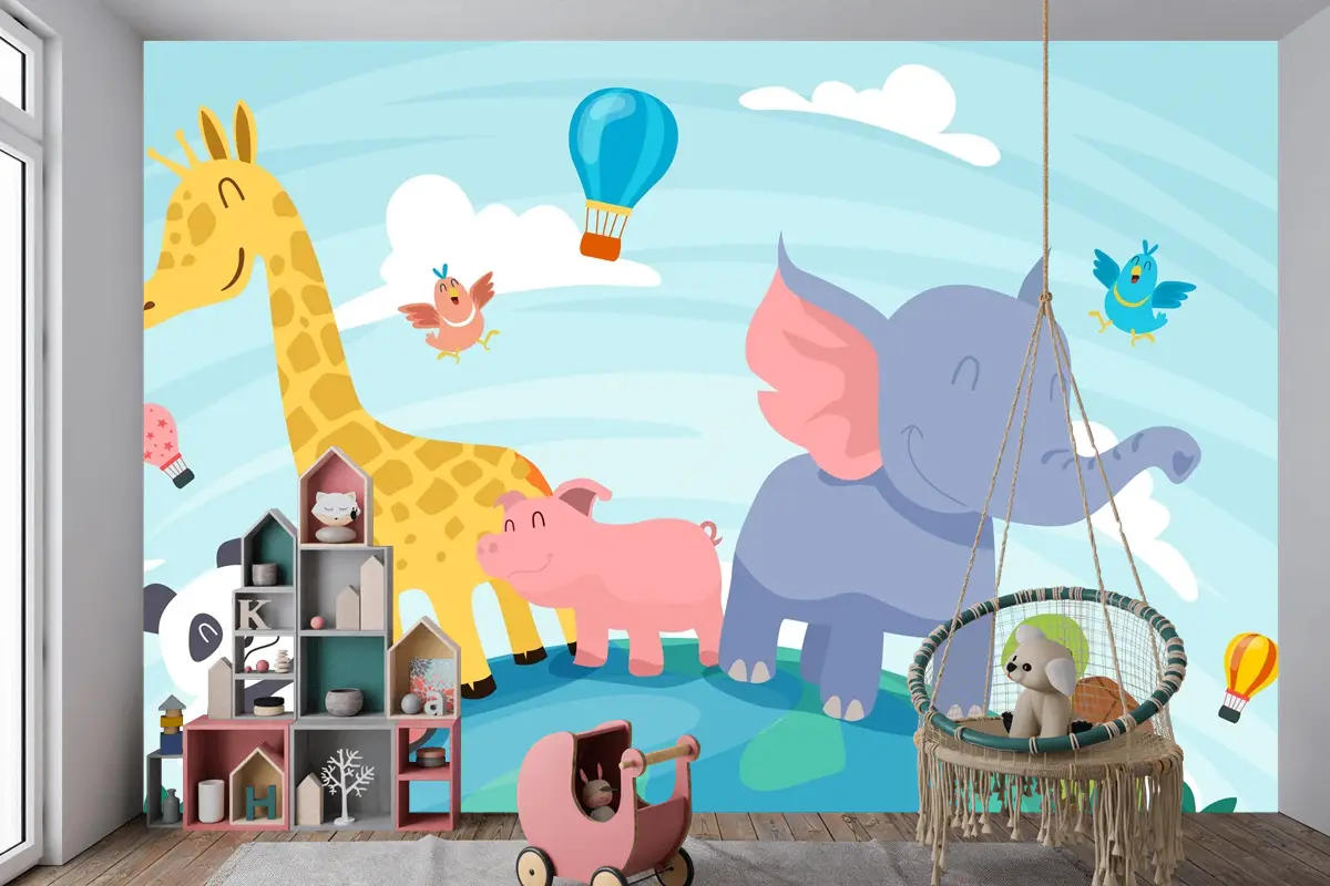 Düz Dünya Hayvan Günü Arka Plan Çocuk Odası Duvar Kağıdı 