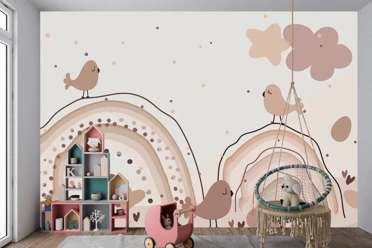 Suluboya Gökkuşağı Mutlu Paskalya Bej Çocuk Odası Duvar Kağıdı
