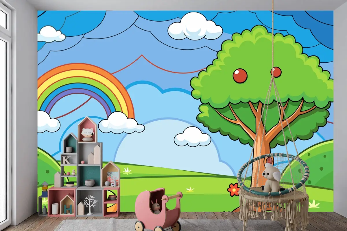 Çocuk Odası Duvar Kağıdı Nde Ağaç Ve Gökkuşağının Bulunduğu Renkli Bir Gökkuşağı Çizimi