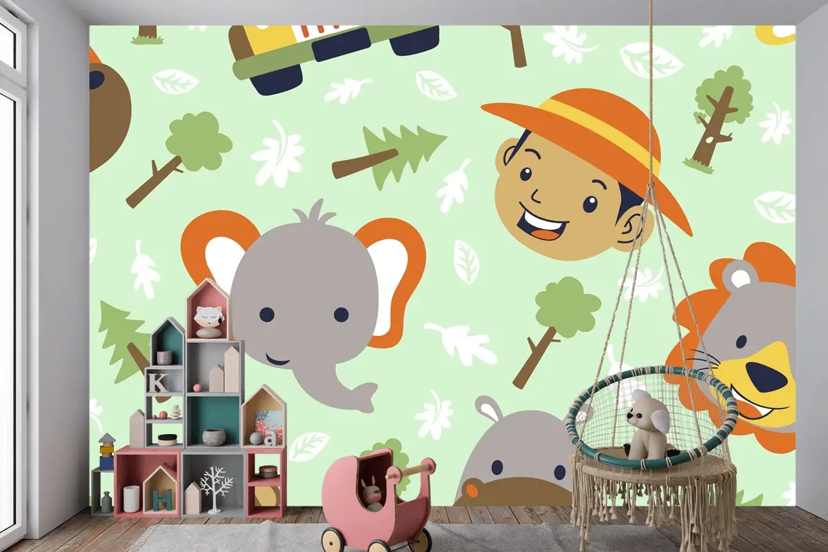 Komik Safari Hayvanları Kafa Karikatürü Ve Kusursuz Desenli Küçük Çocuk Kafası Çocuk Odası Duvar Kağıdı