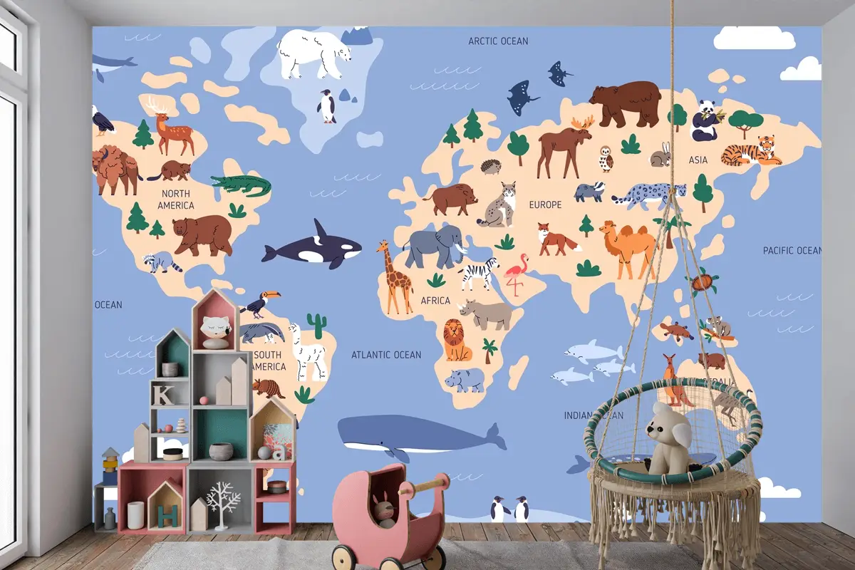Suda Ve Yeryüzünde Hayvanların Bulunduğu Dünya Haritası Coğrafya Çocuk Odası Duvar Kağıdı