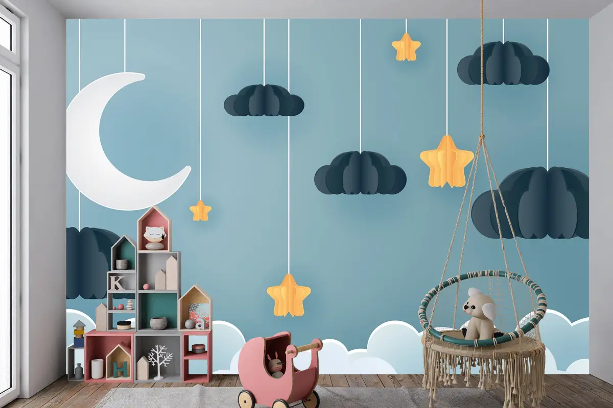 Gece Çocuk Odası Duvar Kağıdı  Ile Ay Ve Yıldızdaki Aile